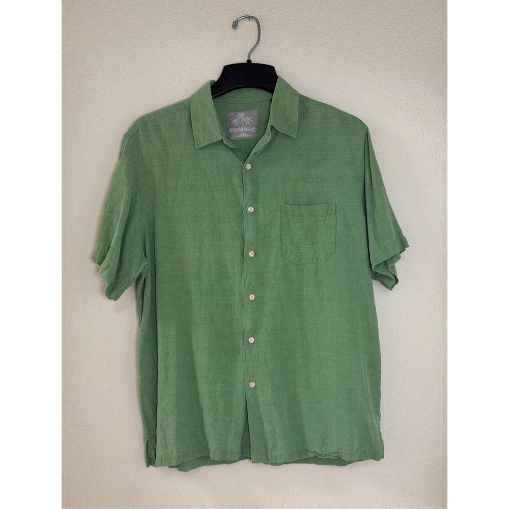 Margaritaville Men's Size L Silk Linen Blend Button Up Green Vacation Resort